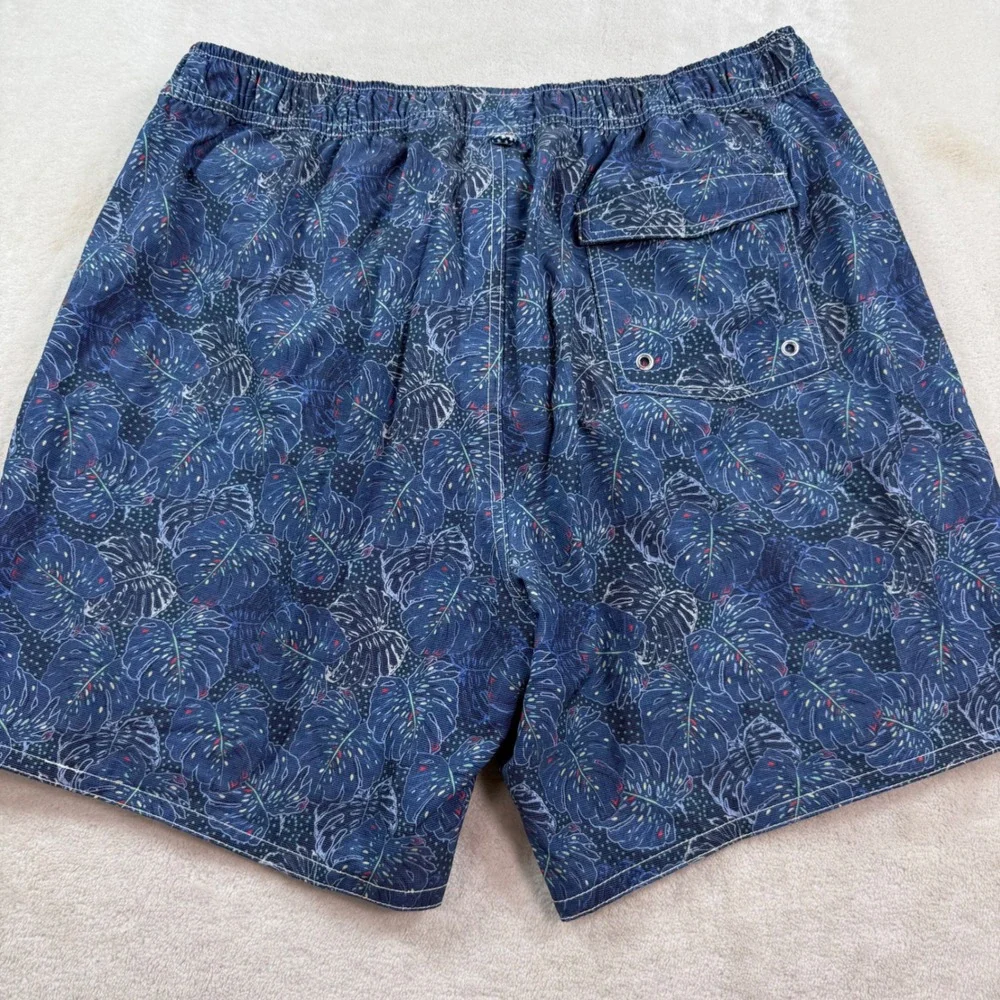 Johnnie-O Mens XL Swim Trunks Navy‎ Blue Tropical Monstera Leaf Board Shorts 7